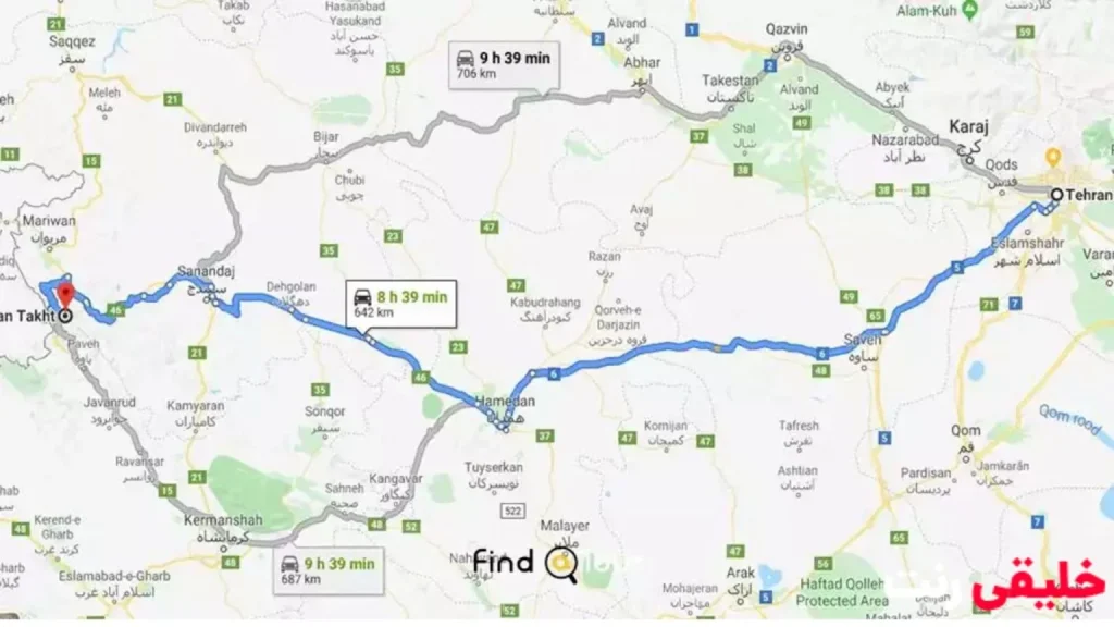 نقشه مسیر تهران به اورامانات کردستان | خلیقی رنت